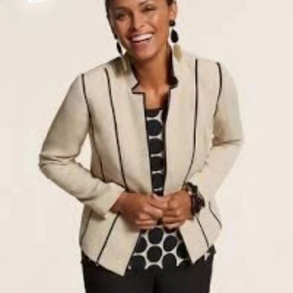 Chico's Contrast Pipe Jacket with Polka Dot Liner Women's Size 8 M Tan & Black